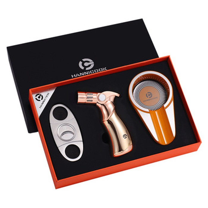 Set phụ kiện 3 món gồm dao cắt, bật lưa và gạt tàn cigar bằng inox cao cấp