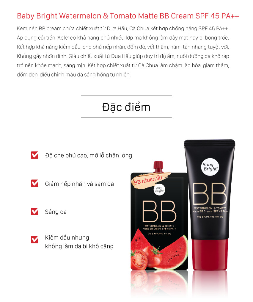 Kem nền dưa hấu và cà chua Baby Bright Watermelon &amp; Tomato Matte BB Cream SPF45 PA++ 30g