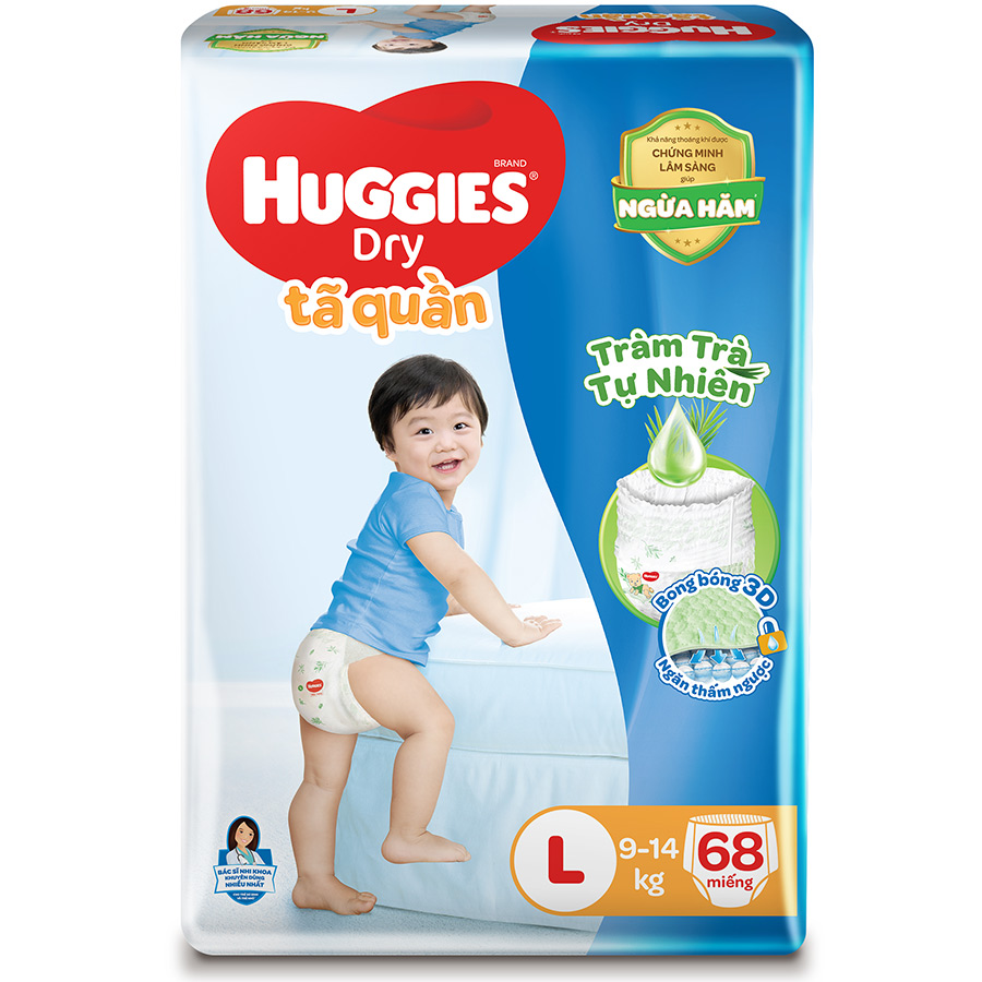 Tã Quần Huggies Dry Tràm Trà Tự Nhiên Gói Cực Đại L68 (68 miếng) + Tặng 8 miếng