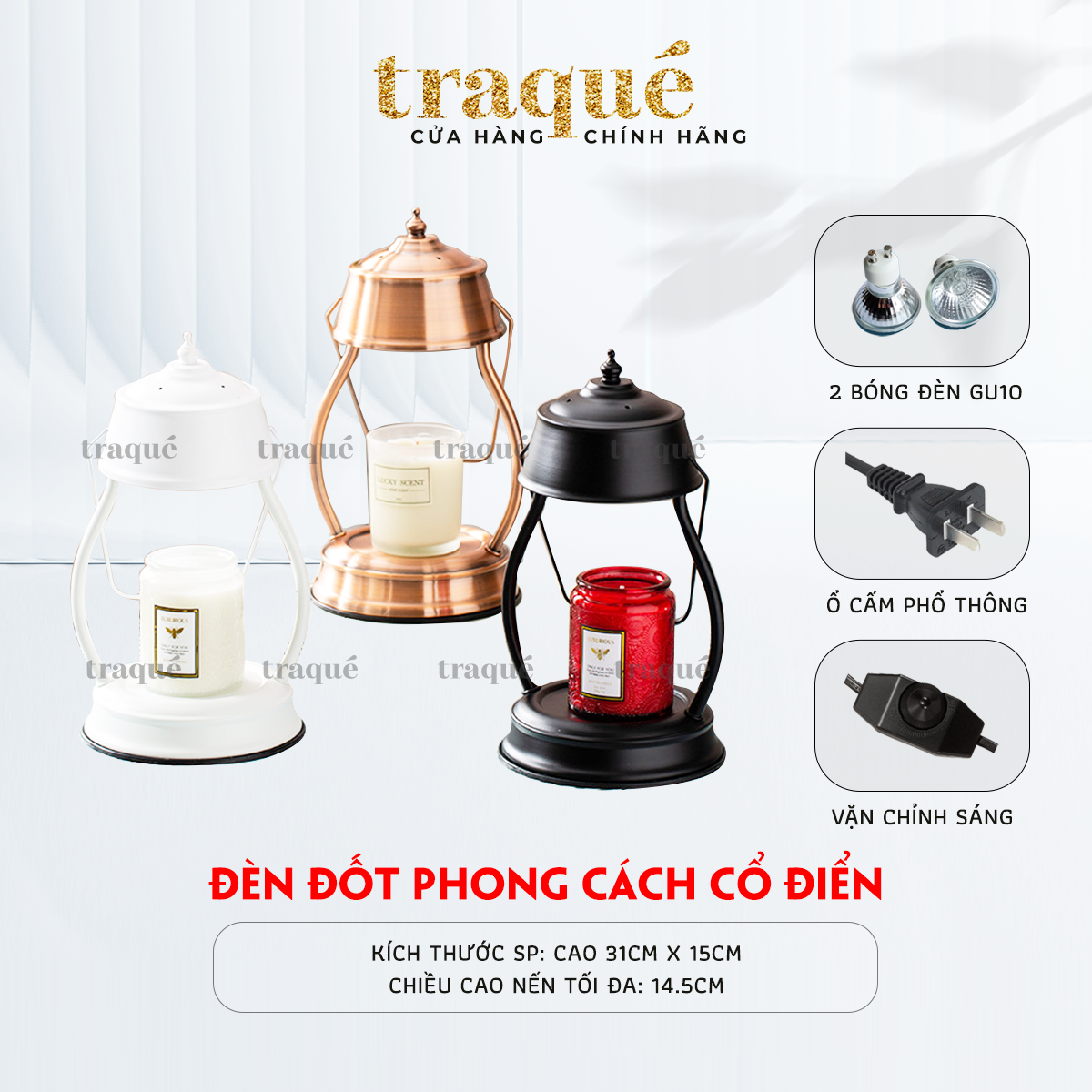 Đèn đốt nến phong cách cổ điện trang nhã - giúp nến toả hương tốt và an toàn hơn khi để qua đêm