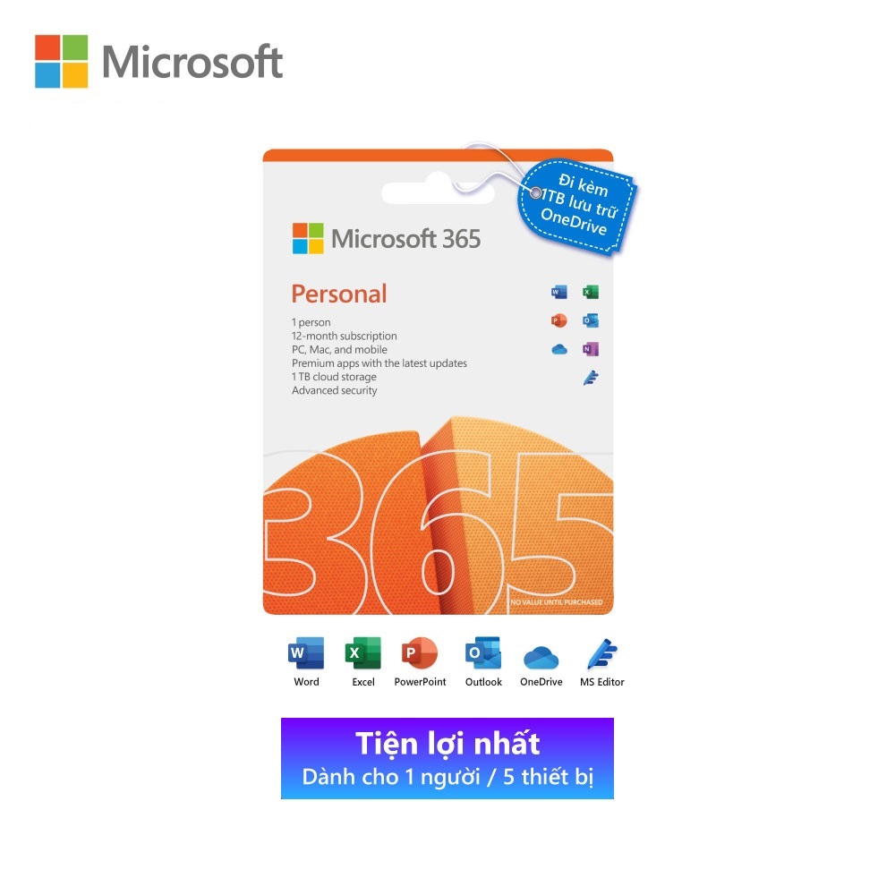 Phần mềm Microsoft 365 Personal English APAC EM Subscr 1YR Medialess P8 (QQ2-01398) - Hàng Chính Hãng