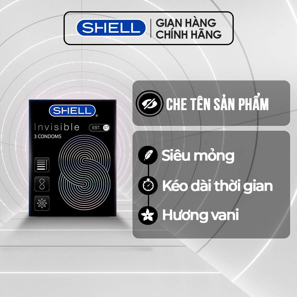 Bao cao su Shell Invisible siêu mỏng, chống tuột, kéo dài thời gian - Hộp 3 cái | SHELL CHÍNH HÃNG