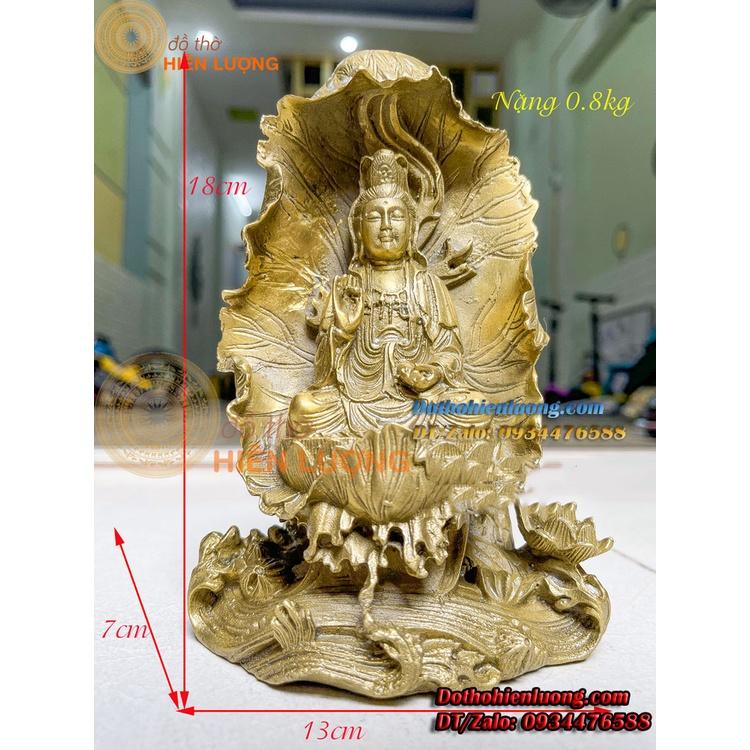 Tượng Phật Bà Quan Âm Ngồi Lá Sen Bằng Đồng Nguyên Chất Phong Thủy Kích Thước 13x7x18cm, Nặng 0,7kg Đẹp