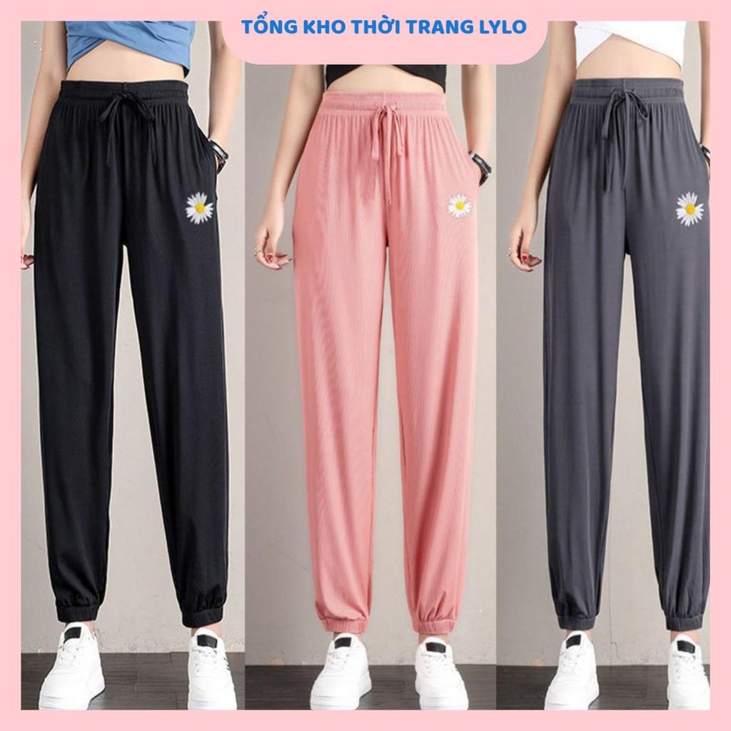 Quần jogger nữ bo gấu thêu hoa cúc chất thun tăm nhẹ, mềm mịn