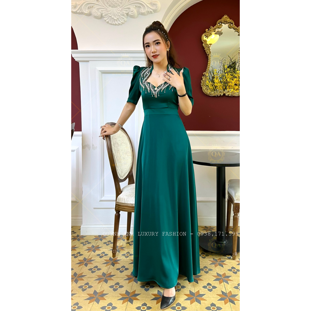 Váy Đầm Dạ Hội Nữ Hoàng Xanh Lá Đính Đá Pha Lê Rosaleen Dress