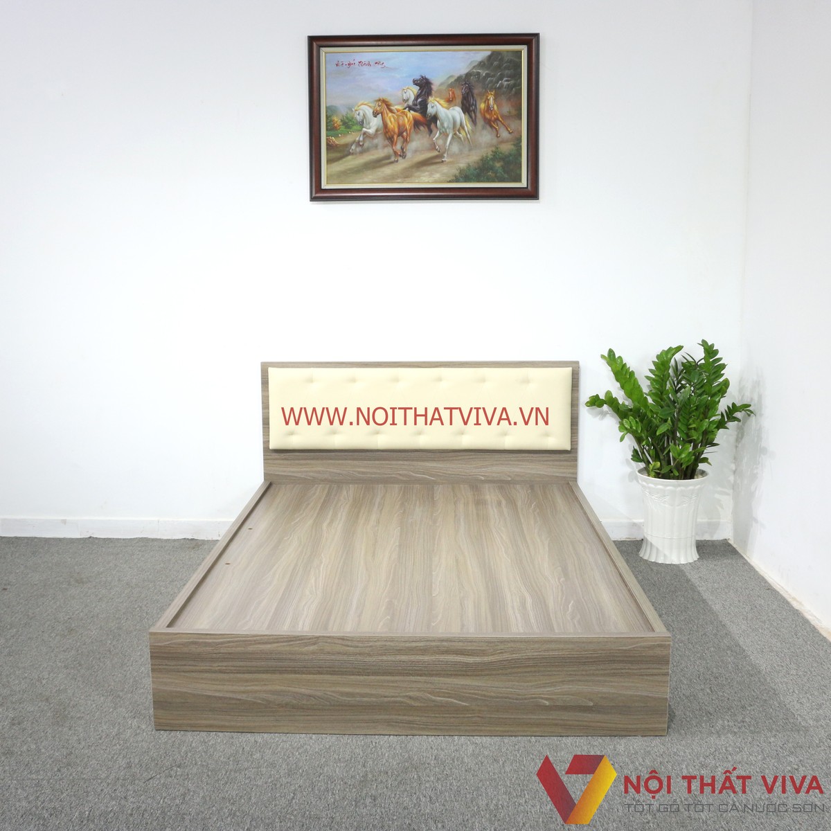 Giường Ngủ Gỗ MDF Melamine Màu Xám Vân Gỗ Có Đầu Nệm Kem Đẹp Giá Rẻ