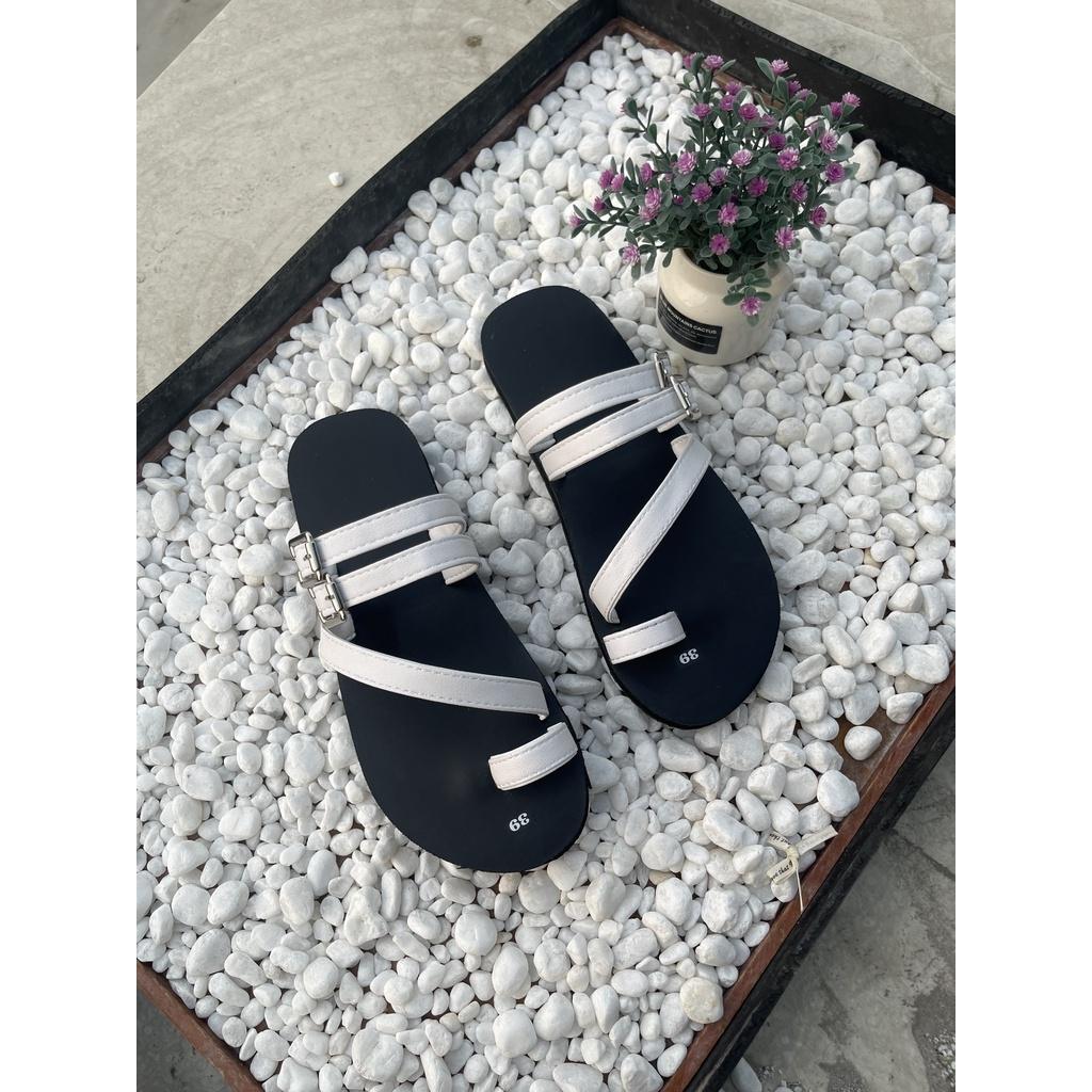 Dép 2 dây chéo nữ đế đen quai trắng