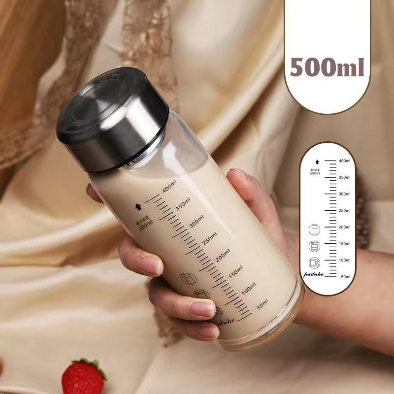 Bình Nước Sữa Thủy Tinh 350ml Nắp Inox Di Động Ăn Sáng Cà Phê Nước Ép Trà Sữa Chia Vạch Tặng Kèm Túi Giao Màu Ngẫu Nhiên