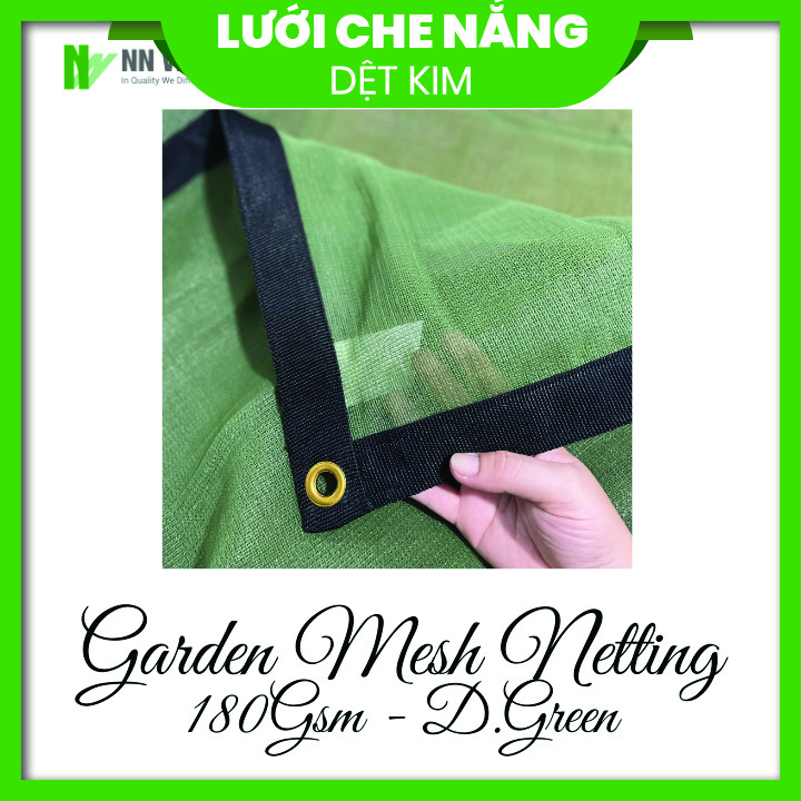 Lưới dệt kim màu xanh rêu dùng che nắng, chắn côn trùng, được may viền khuy chắc chắn