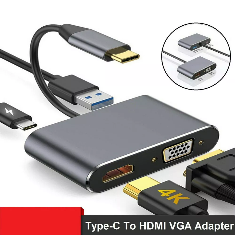 Bộ chuyển đổi USB Type-C sang HDMI, VGA, USB 3.0,PD, Hub 4 in 1 dùng cho điện thoại, máy tính, Macbook có hỗ trợ TypeC