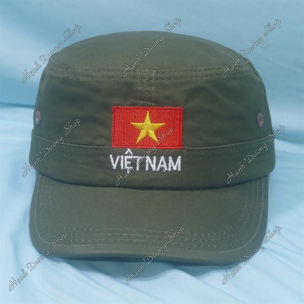 Nón lính mũ lưỡi trai đầu bằng thêu lá cờ Việt Nam có khóa tăng giảm size phía sau - Rêu Đậm