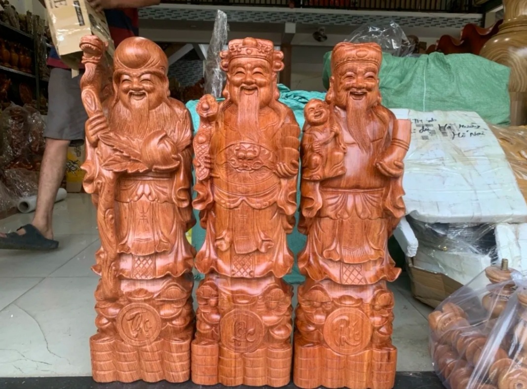 Bộ tam đa Phúc Lộc Thọ gỗ hương nguyên khối cao 30-40-50-60 cm