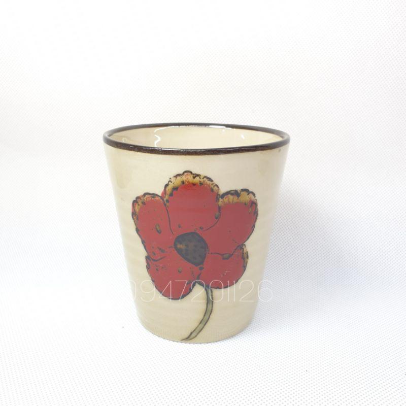 Cốc ly sứ dáng trụ vẽ bông hoa đỏ 3D 280ml H10 × D9cm 280ml. Cốc ly sứ Bát tràng