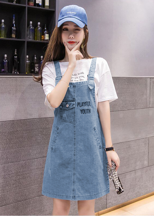 Đầm Yếm Jean Nữ Thêu Chữ Thời Trang