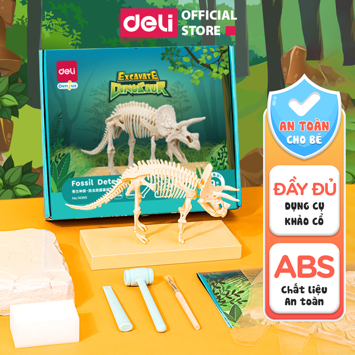 Bộ Đồ Chơi Khảo Cổ Truy Tìm Xương Khủng Long Bạo Chúa Deli - Đồ Chơi Giáo Dục Kích Thích Trí Tìm Tòi Sáng Tạo Của Trẻ - 74349 52 - KL 3 Sừng - 5 Món
