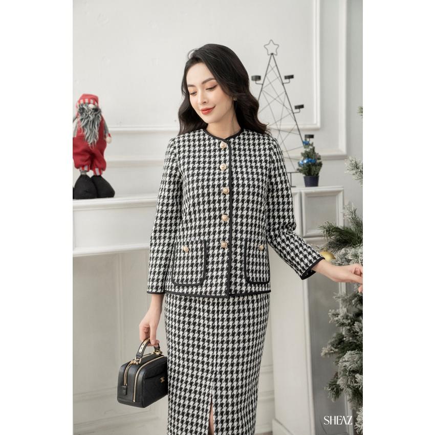 SHEAZ Áo Khoác Dạ Tweed Nữ Mùa Đông Cao Cấp Dáng Hàn Quốc Kẻ Sọc Đen Trắng May 2 Lớp Dày Dặn Cúc Đồng