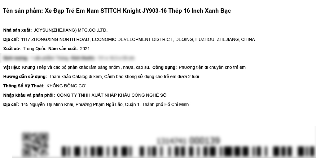 Xe đạp trẻ em Stitch Knight JY903-16 16 inch Xanh dương