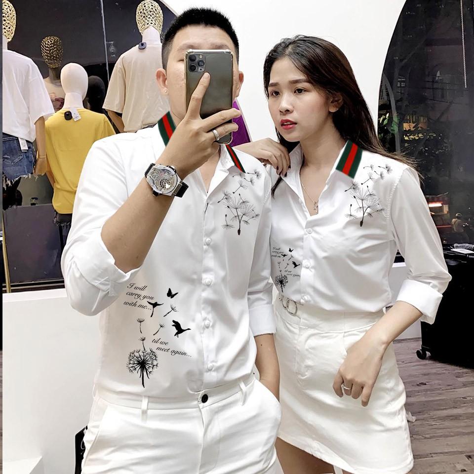 Áo đôi sơ mi họa tiết bồ công anh siêu đẹp | Sơ mi cặp nam nữ C79