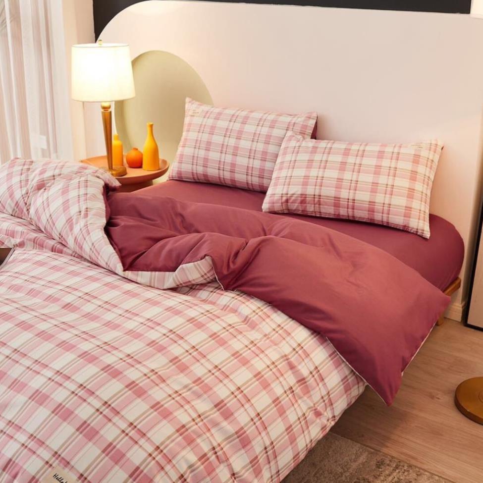 Bộ chăn ga gối Cotton TC Chăn ga gối sọc caro 4 món