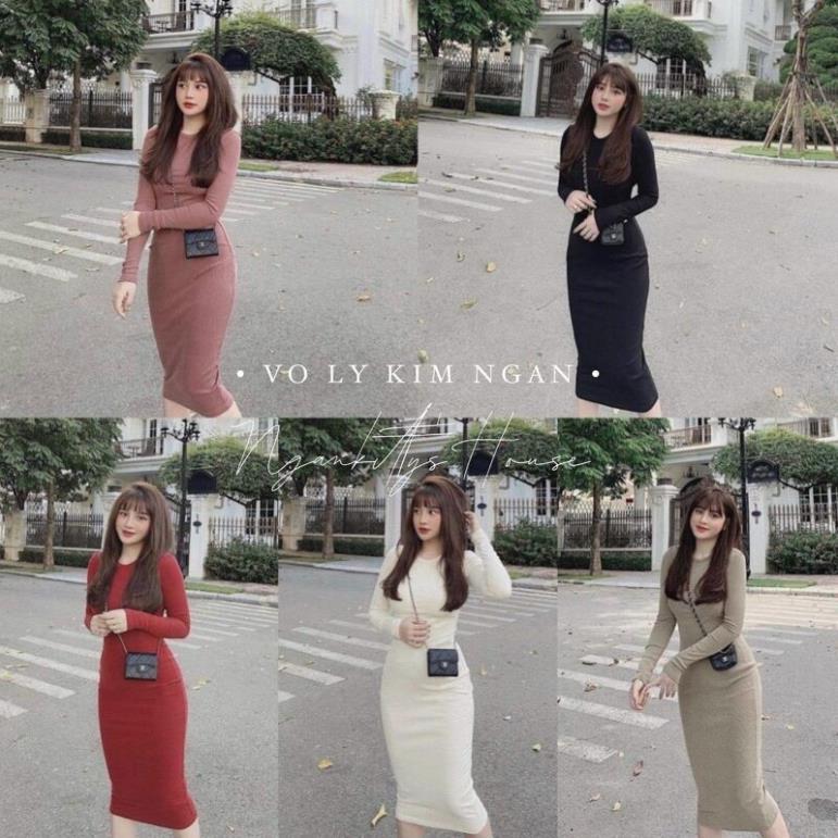 Váy len tăm body dài tay nhiều màu hàng đẹp - Đầm len NỈ body hot new