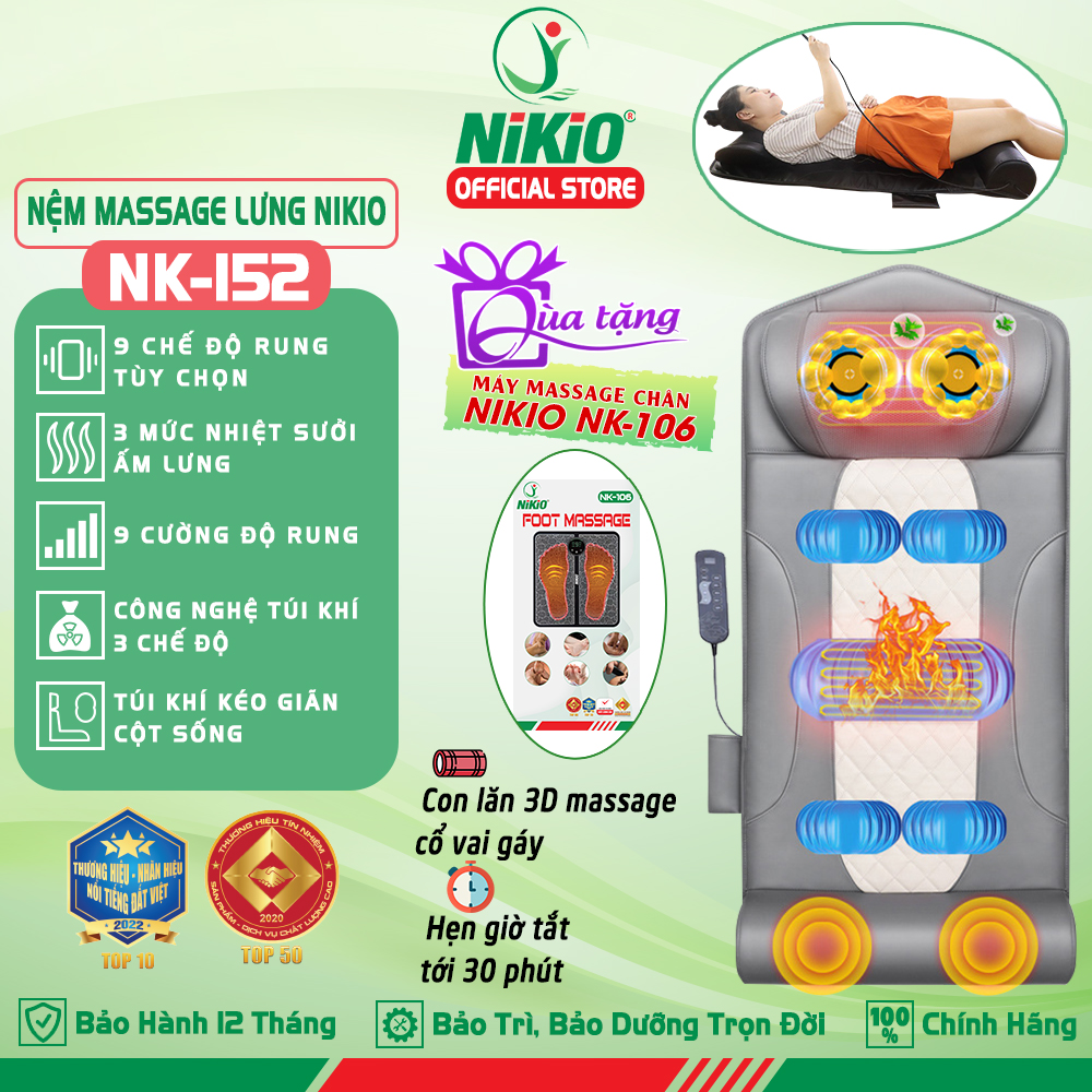 Nệm (Máy) Massage Toàn Thân Nikio NK-152 - Dòng Cao Cấp Có Gối Matxa Cổ Vai Gáy, Mát Xa Đa Năng Với Công Nghệ Xoa Bóp Con Lăn, Rung Và Túi Khí Nâng Đỡ Kéo Giãn Cột Sống - Mát Xa Thư giãn, Giảm Stress, Giảm Đau Mỏi Cổ, Lưng, Mông, Chân