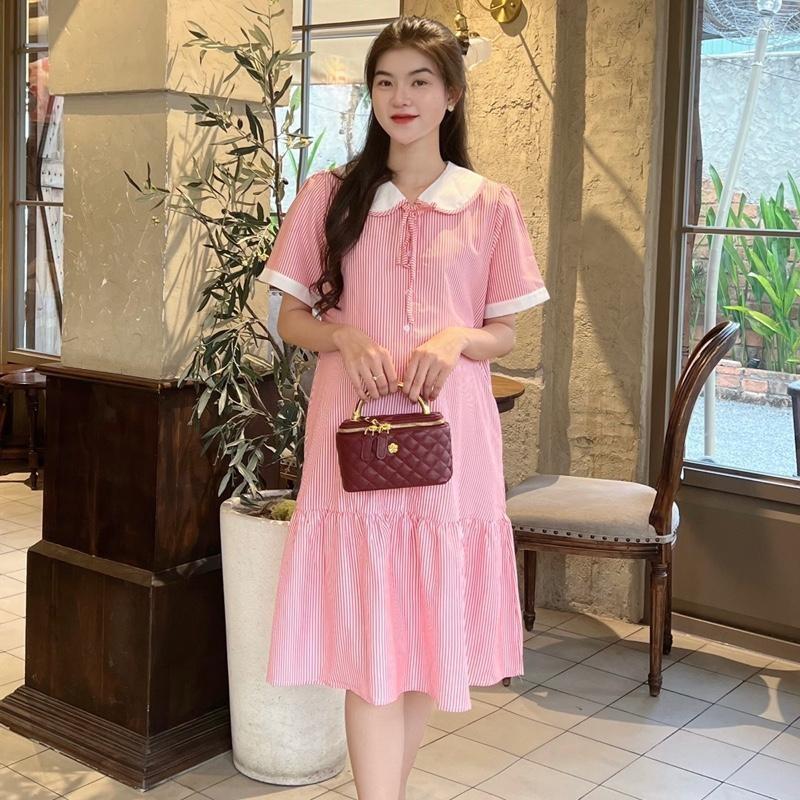 Đầm Bầu Công Sở Kẻ Sọc Phom Đuôi Cá Phối Viền Tay Trẻ Trung Chất Cotton Mềm Mát Mẻ Cho Mùa Hè - Đen