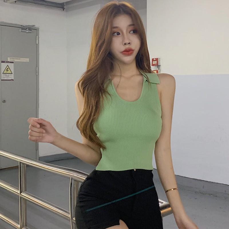 Áo tank top dệt kim nữ cổ chữ U màu trơn