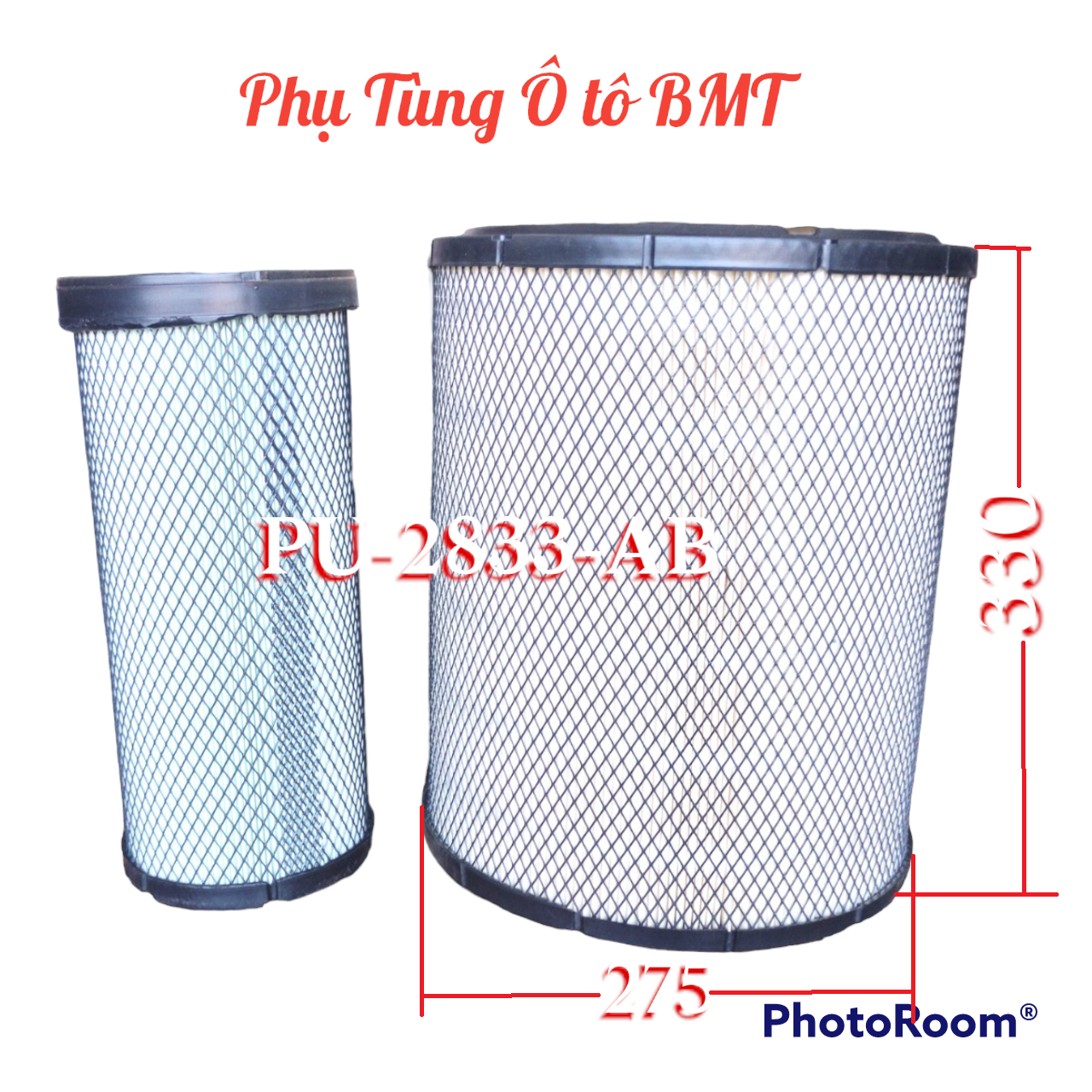 Lọc gió động cơ xe tải, xe ben Thaco Trường hải 8.3 tấn. Mã lọc PU-2833-AB. kích thước 280*330, đáy bằng, có ruột.