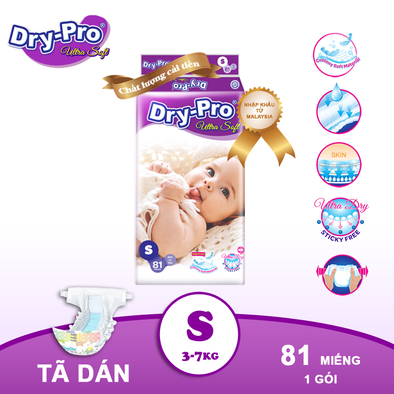 Tã/bỉm dán Dry-Pro siêu mềm nhập khẩu Malaysia size S81 - Gói 81 miếng