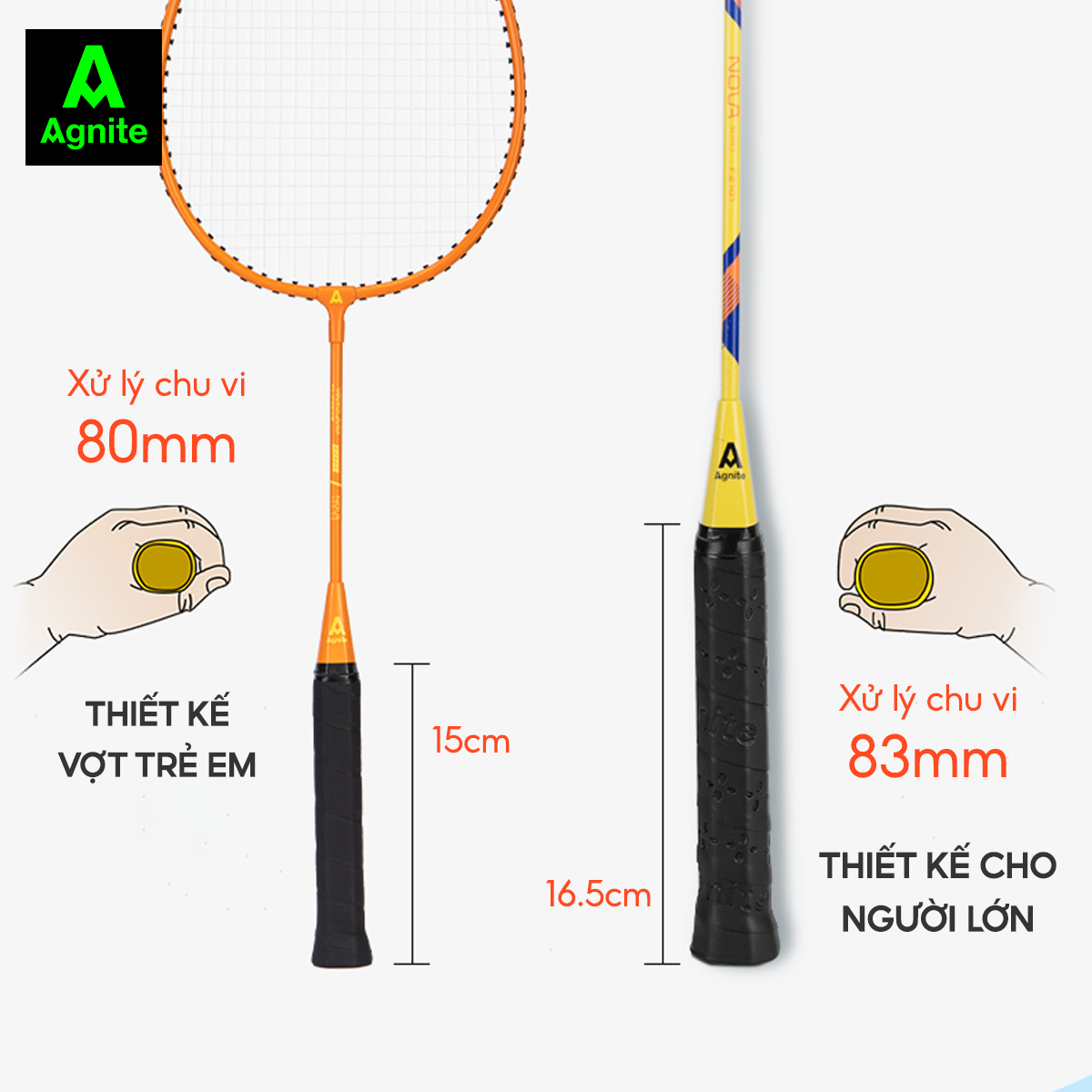 Bộ 2 vợt cầu lông TRẺ EM - HỌC SINH cao cấp Agnite chính hãng, nhẹ, bền, đẹp - tặng kèm hộp cầu, túi cầu và quấn cán vợt
