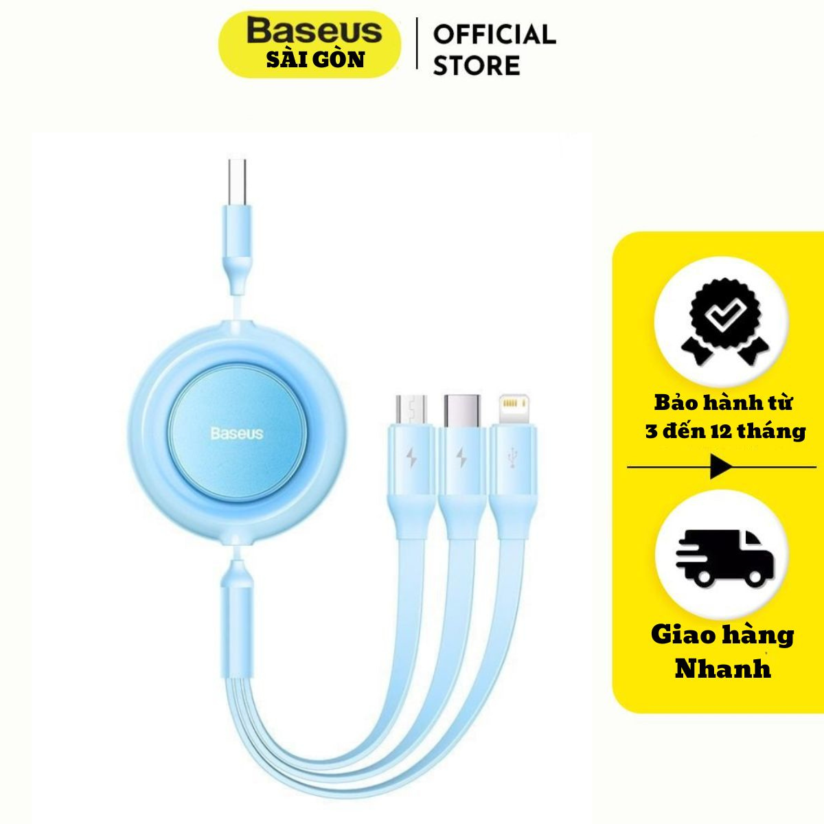 Cáp sạc 3in1 Baseus Bright Mirror 2 Series Retractable Fast Charging Data Cable CAMJ USB to M+L+C 3.5A -hàng chính hãng