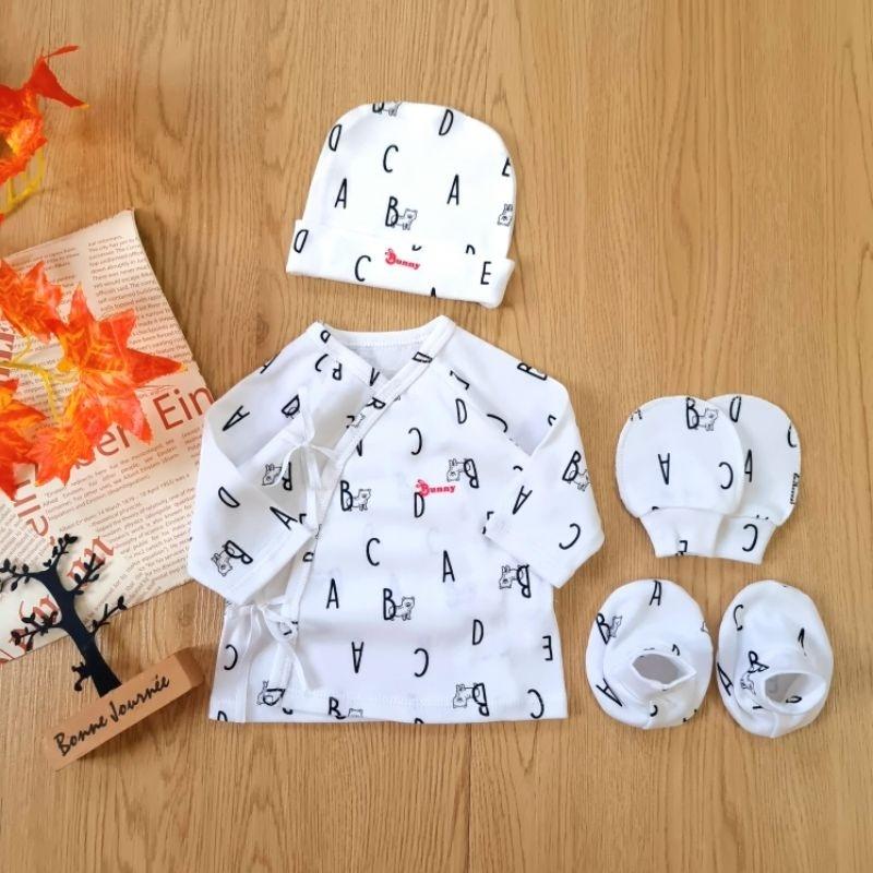 [Dưới 6kg] Set Áo Cột Dây Kèm Nón, Bao Tay Bao Chân Sơ Sinh Cho Bé - BunnyBaby