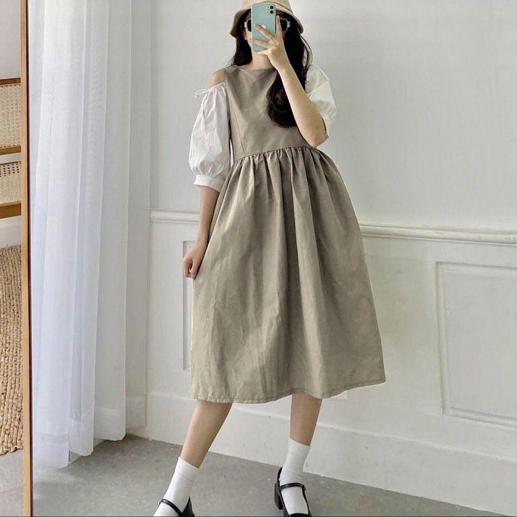 Đầm Tiểu Thư Khoét Vai Váy Babydoll Nữ Tay Phối Màu Dáng Lỡ Q026