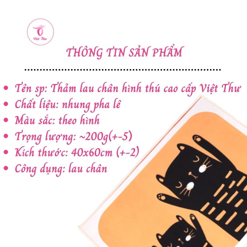 Thảm chùi chân hình thú , thảm lau chân cao cấp Việt Thư mềm mịn, thấm nước, chống trượt, 40x60cm, 200gr - Hàng Chính Hãng