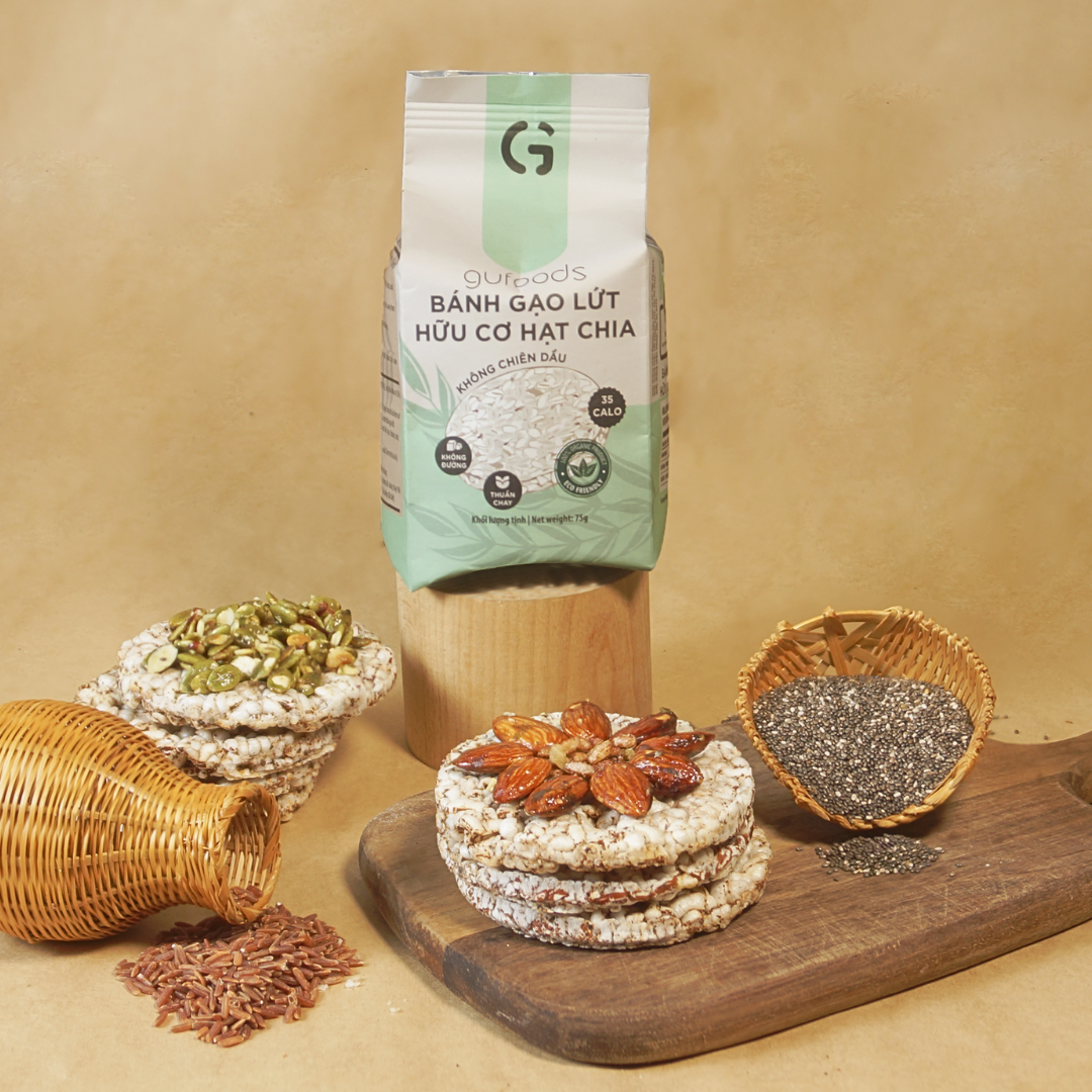 Bánh gạo lứt ăn kiêng hữu cơ hạt chia GUfoods - Hạt chia organic, Không đường, Thuần chay