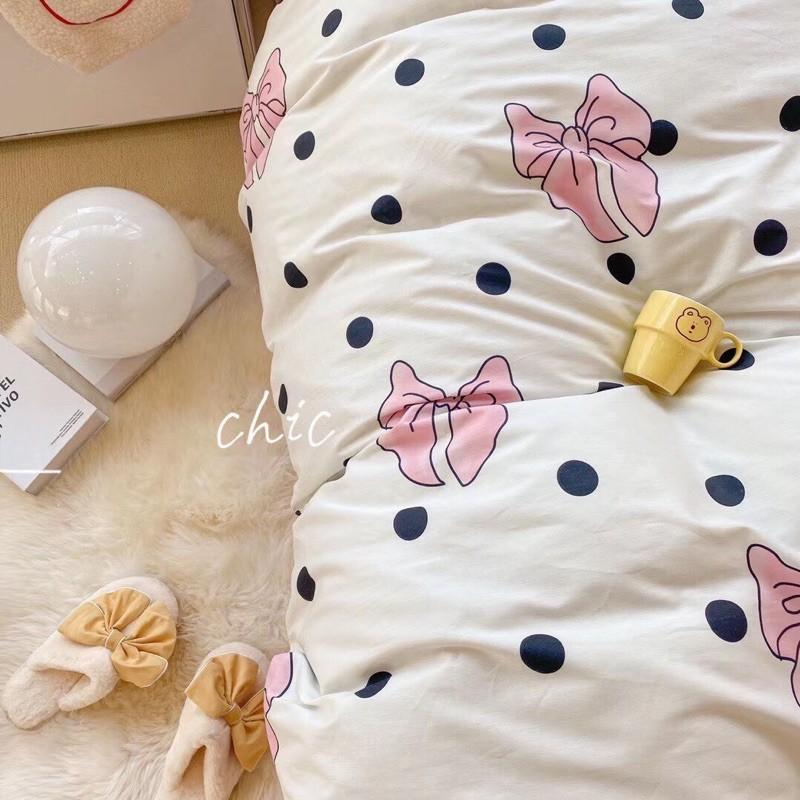 Bộ Chăn Ga Gối Cotton Living 100%cotton Hàng Nhập Khẩu Cao Cấp 4 Món Nơ Chấm Bi