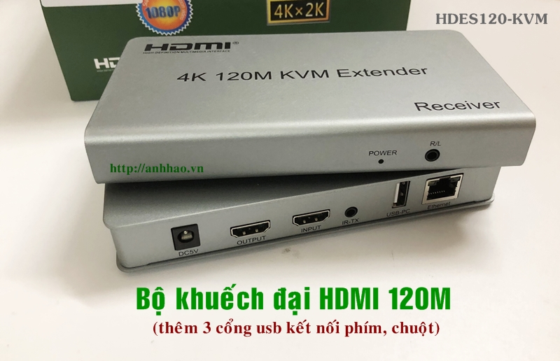 Bộ kéo dài HDMI 120m qua cáp mạng lan Sinoamigo HDES120-KVM (thêm 3 cổng USB kết nối phím chuột) - Hàng Chính Hãng