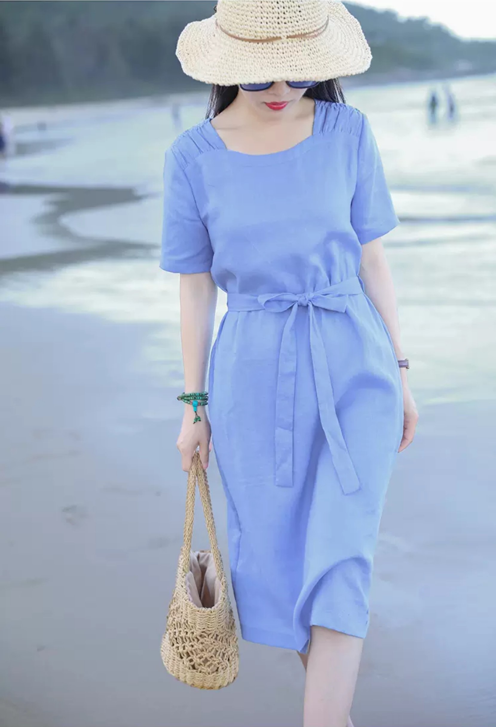 Đầm Linen suông form rộng cổ tròn ngắn tay kèm dây thắt eo, chất linen mềm mát mặc đi chơi, đi biển Đũi Việt DV209
