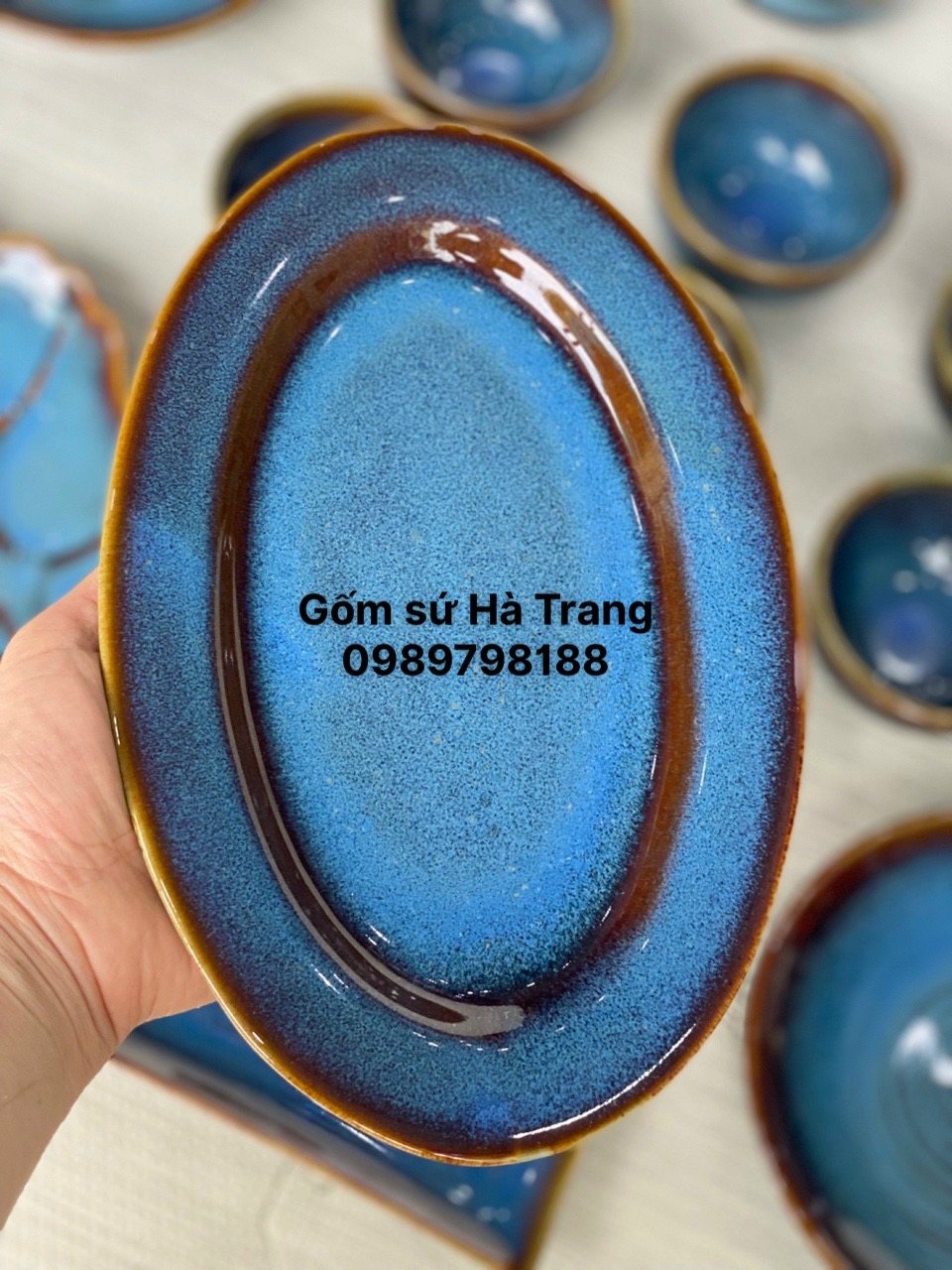 Đĩa bầu dục s3   gốm sứ Bát Tràng cao cấp men hoả biến thiên thanh