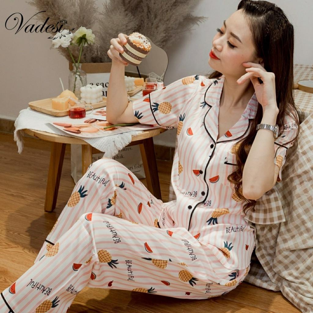 Pijama Lụa Cao Cấp, Đồ Bộ Họa Tiết Trang Nhã, Đồ Ngủ Đẹp, Bộ Mặc Nhà Vadesi - Thời Trang Nữ