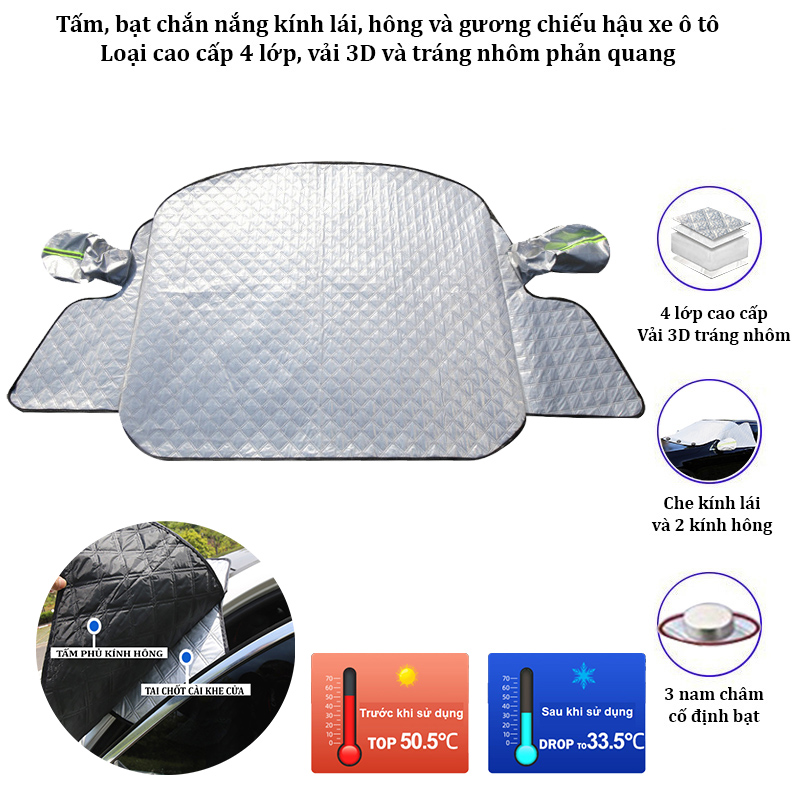 Tấm bạt chắn nắng kính lái, hông xe và gương chiếu hậu xe ô tô 4 lớp phản quang cao cấp - HÀNG LOẠI I