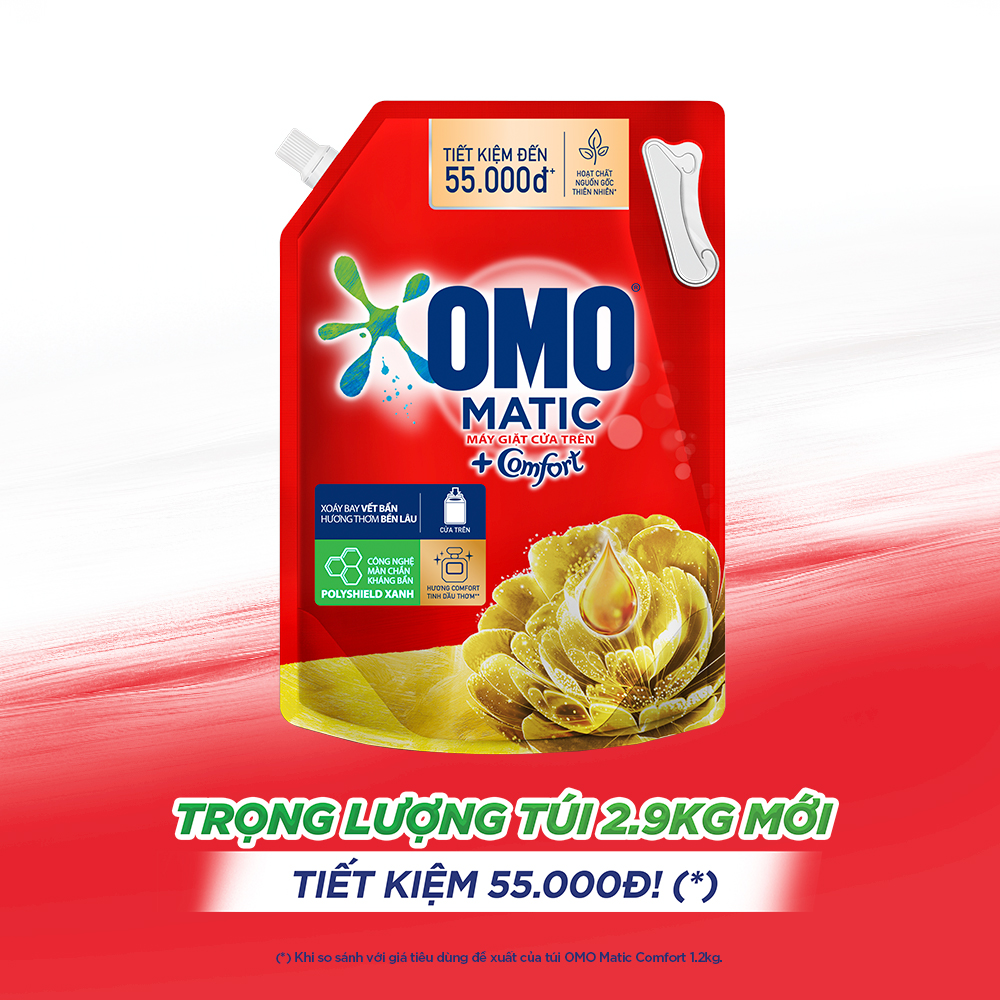 Túi Nước Giặt Omo Matic Comfort Cho Máy Giặt Cửa Trên Hương Tinh Dầu Thơm Xoáy Bay Vết Bẩn, Hương Thơm Bền Lâu 2.8Kg