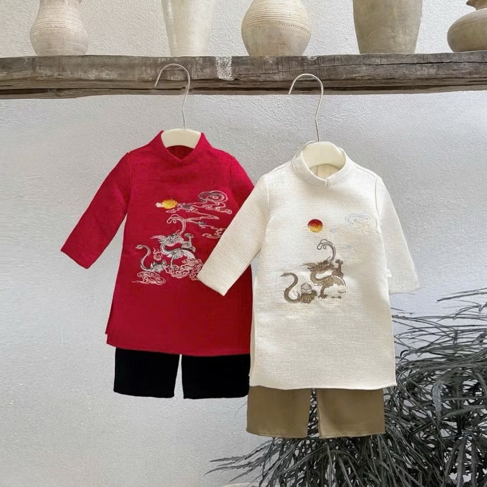 Set Quần Áo Dài Cách Tân Họa Tiết Vân Long 1-8 Tuổi Dành Cho Bé Trai