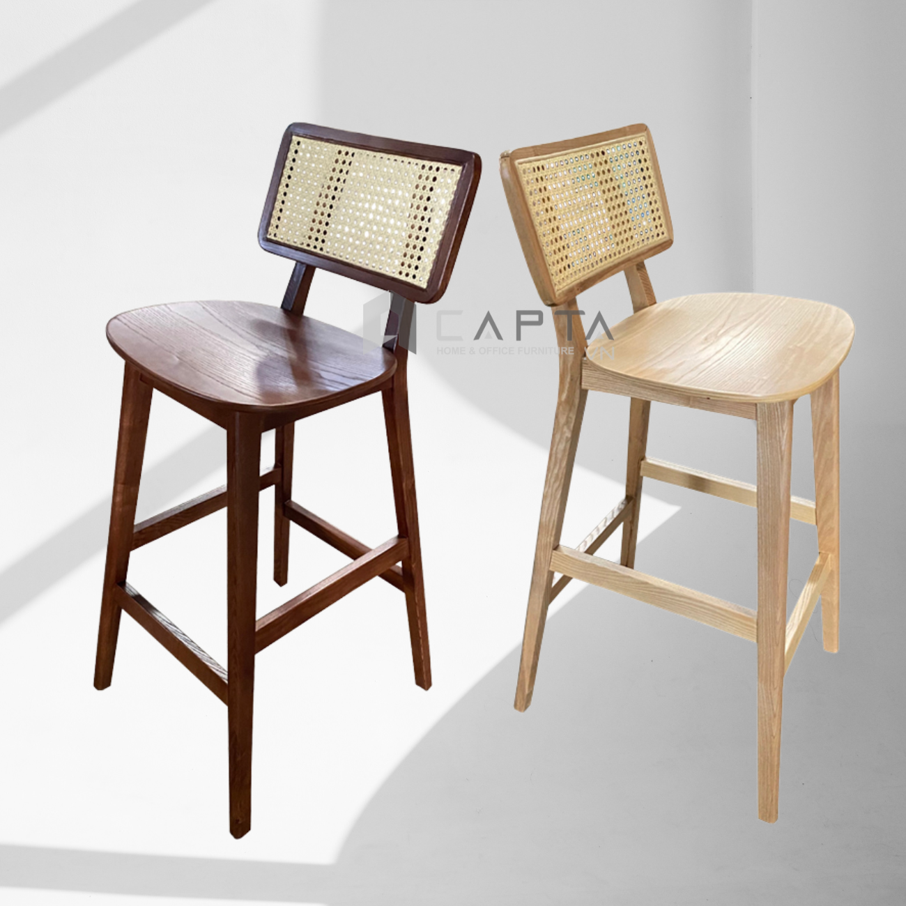 Ghế ngồi quầy bar gỗ ASH lưng tựa cao mây đan tự nhiên Ghế bar cổ điển chân cố định Vintage Stools CB Cane-W Tp HCM