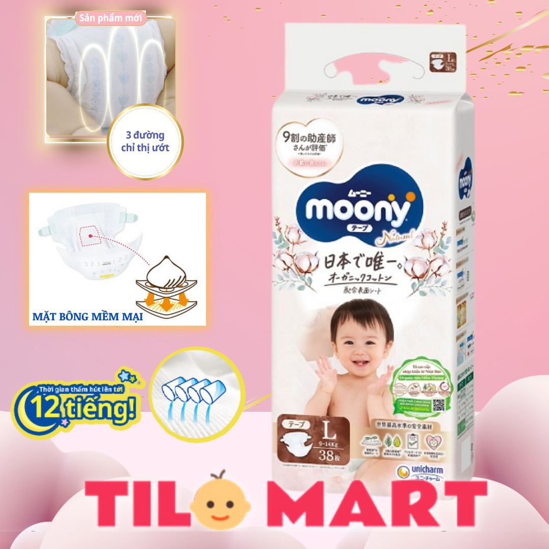 Tã/Bỉm dán Moony Natural Size L- 38 miếng( bé 9-14 kg)