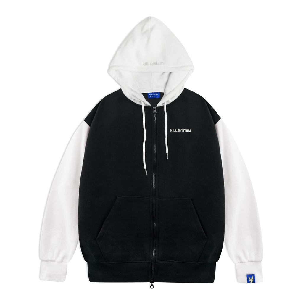 Áo khoác hoodie zip Kill System 22 MOOD oversize có nón nam nữ, vải nỉ bông, đen và rêu tay ráp lăng phối màu kem unisex