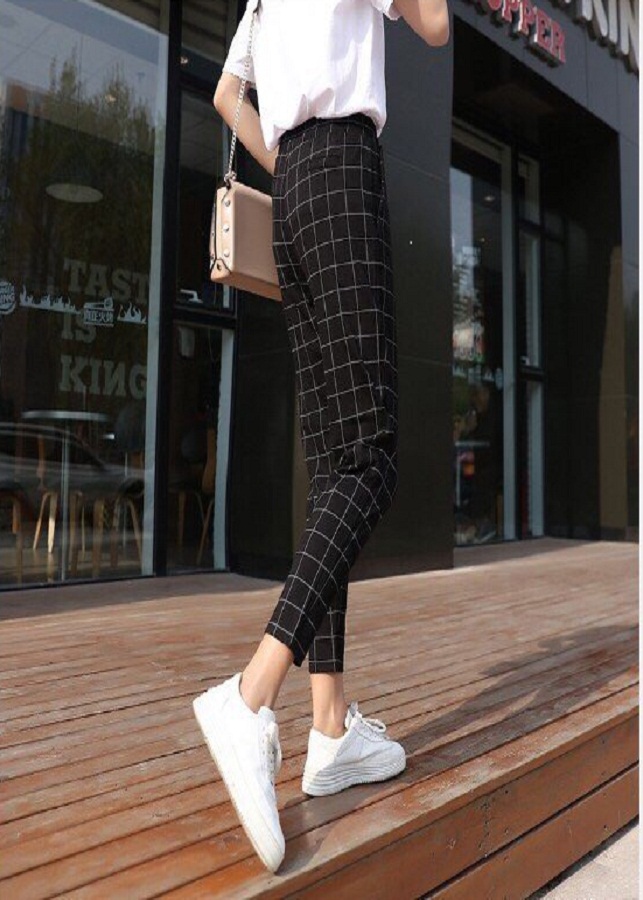 Quần caro sọc Unisex ống đứng