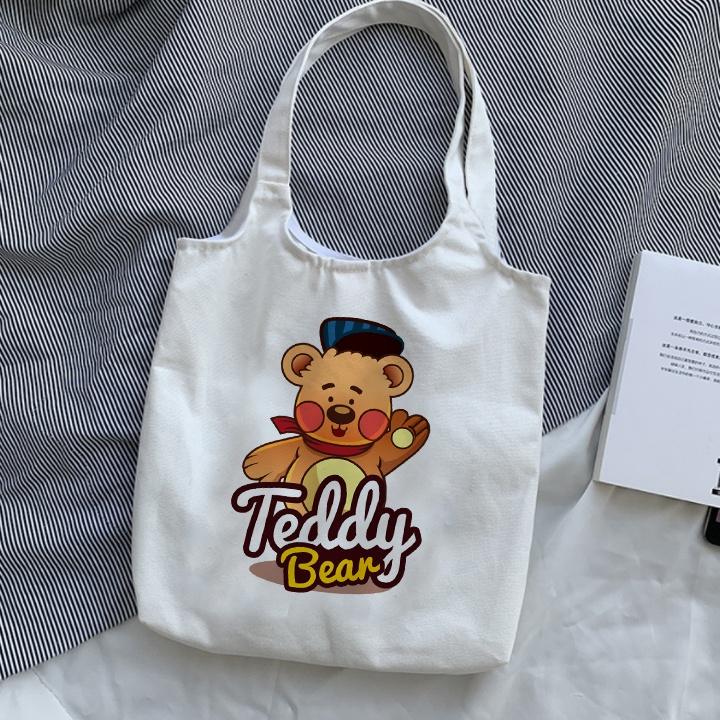 Hình ảnh Túi Tote Canvas Vải Bố In Hình Teddy Bear Quai Tròn Có Khóa Miệng Túi