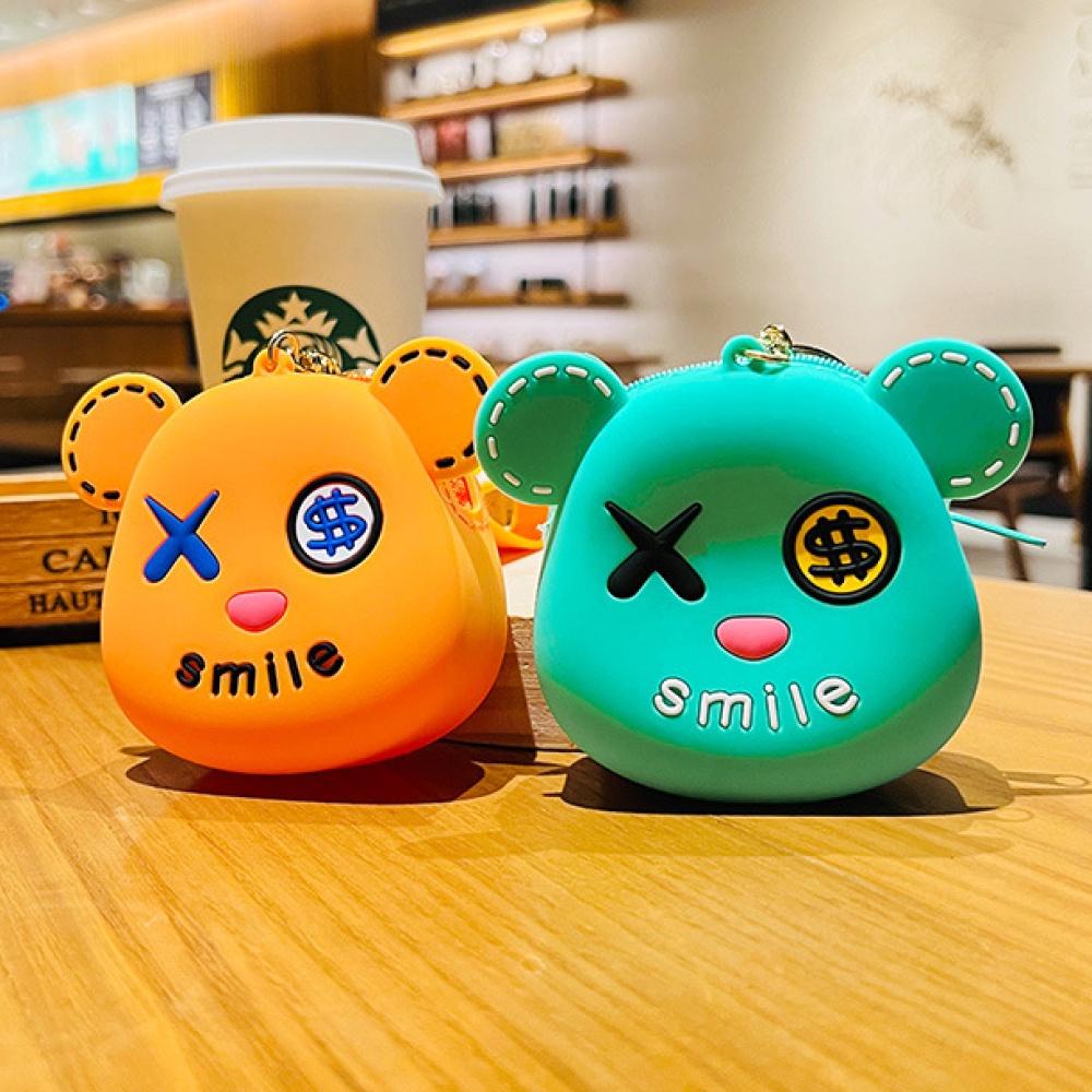 Móc khoá đa năng mặt Gấu Smile dễ thương có khoá kéo ví đựng, chất liệu silicon mềm treo khoá xe, phụ kiện túi xách