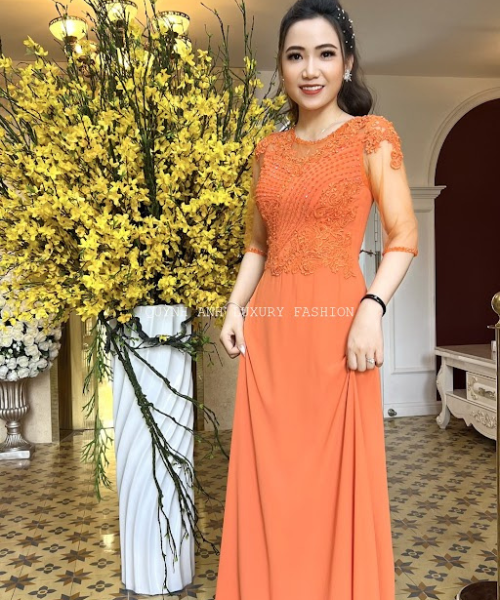 Đầm Dạ Hội Trung Niên Dự Tiệc Sang Trọng Cam Cà Rốt Charmaine Dress